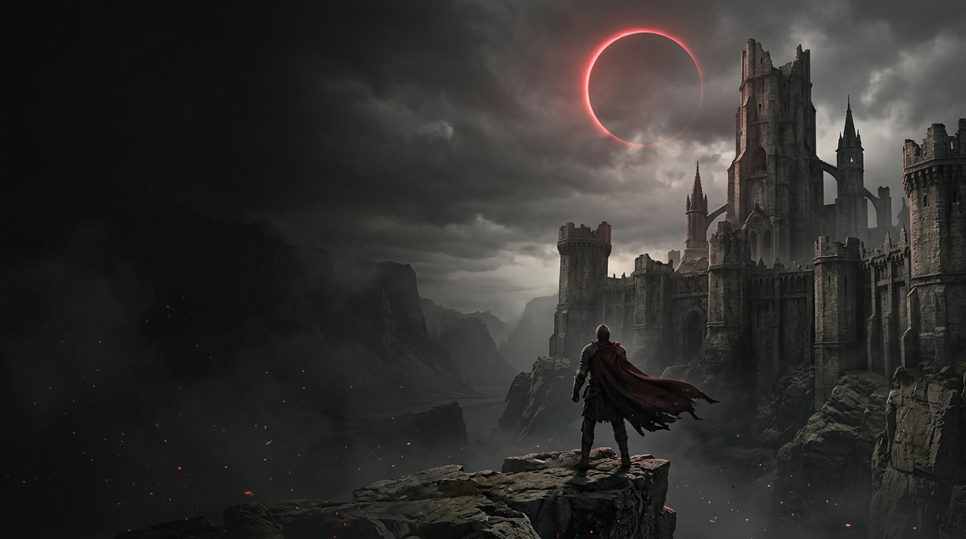 A lone warrior overlooking an immense dark fantasy world beneath a crimson eclipse